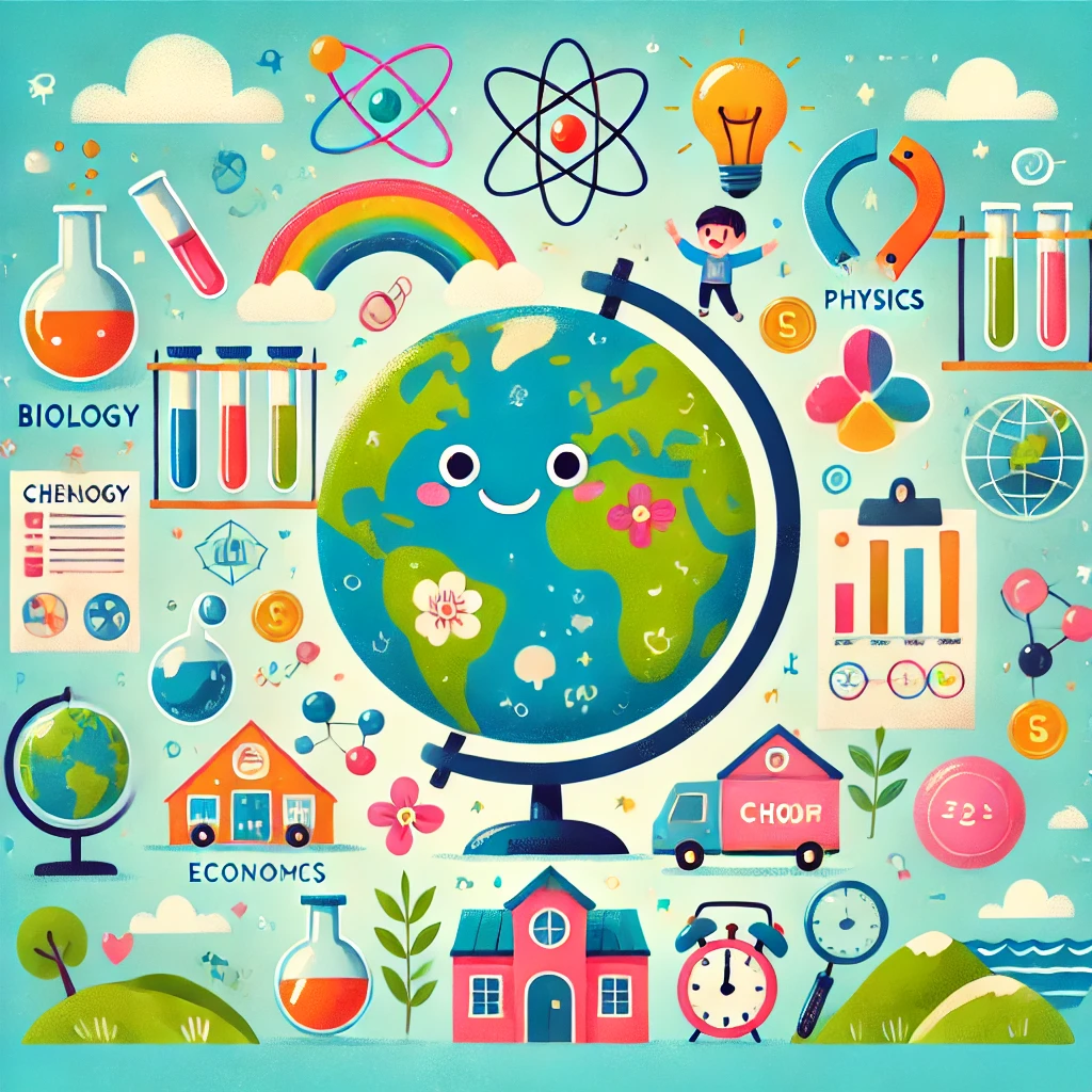 dall·e 2025 11 16 16.54.02 create a colorful, child‑friendly illustration that combines five school subjects—biology, chemistry, physics, economy, and geography—into one playful